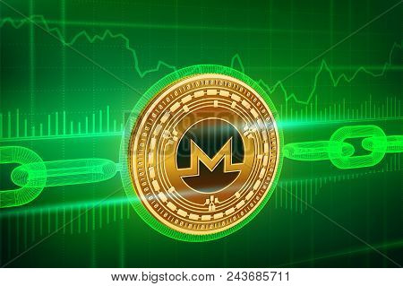 Crypto Currency. Block Chain. Monero. 3d Isometric Physical Golden Monero Coin With Wireframe Chain.