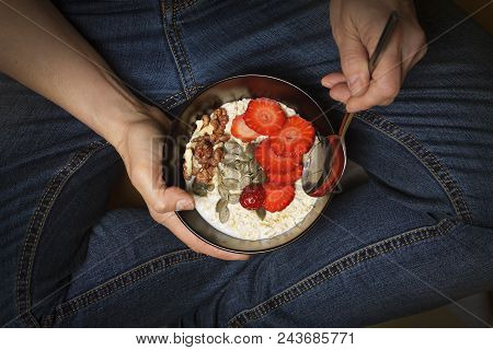 Eating Healthy, Breakfast Bowl, Yogurt, Granola, Seeds, Fresh Fruits, Bowl, Woman' S Hand, Clean Eat