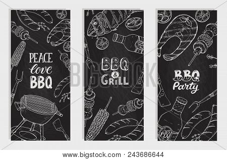 Bbq And Grill Banners With Sketch Objects. Hand Drawn Barbecue Elements Around Decorative Text. Bbq 