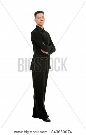 Posture And Confidence Concept. Guy On Confident Face Dressed In Formal Luxury Suit Posing With Post