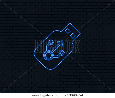 Neon Light. Usb Sign Icon. Usb Flash Drive Stick Symbol. Glowing Graphic Design. Brick Wall. Vector