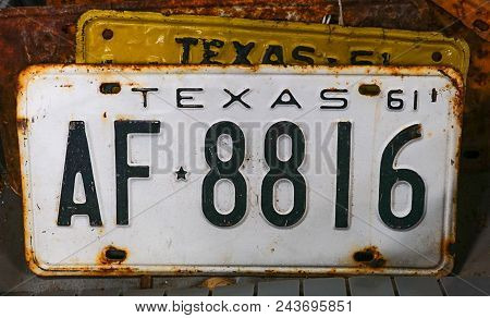 An Up Close View Of A Vintage Rusted Texas 1961 License Plate