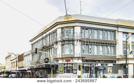 Whanganui, New Zealand - 2 July 2016: The Grand Hotel Located In The Center Of Town Across From Cook