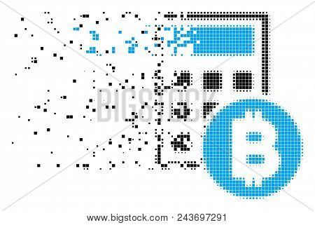 Dispersed Bitcoin Calculator Dotted Vector Icon With Wind Effect. Rectangular Particles Are Combined