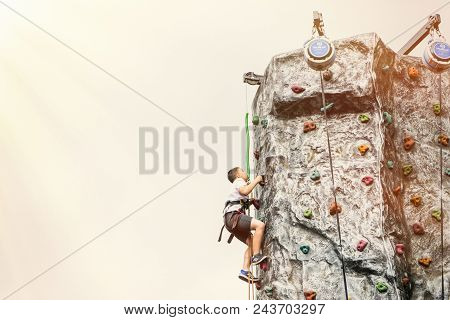 Bedford, Bedfordshire, Uk, June 2, 2018.young Boy Climbing Wall.