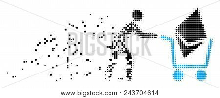Dispersed Ethereum Shopping Cart Dot Vector Icon With Wind Effect. Square Cells Are Composed Into Di