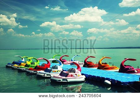BALATONFURED, HUNGARY - JUNE 02 2018: Yachts in the harbour of Baltonfured, Hungary, Europe