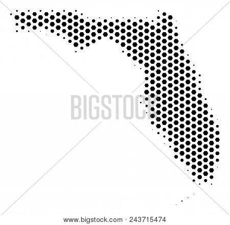 Hex Pixel Florida Map. Vector Halftone Geographic Plan On A White Background. Abstract Florida Map C