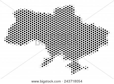 Hex-tile Ukraine Map With Crimea. Vector Halftone Territory Plan On A White Background. Abstract Ukr