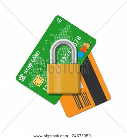 Bank Or Credit Card With Pad Lock. Safe Payment System With Chip. Padlock And Plastic Card. Safety P