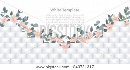White Geometric Tile With Flowers Border. Template For Posters, Web Banners, Covers With Text Place.