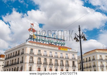 Madrid, Spain - June 02, 2018: Tio Pepe Commercial In Puerta Del Sol, Gate Of The Sun. Square In Mad