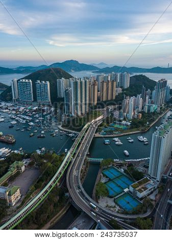 Panoramic Aerial View Of The Aberdeen Harbour (aberdeen Typhoon Shelter) And Ap Lei Chau Bridge In H