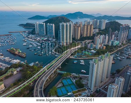 Panoramic Aerial View Of The Aberdeen Harbour (aberdeen Typhoon Shelter) And Ap Lei Chau Bridge In H