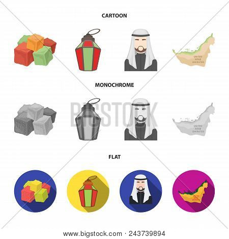 Eastern Sweets, Ramadan Lamp, Arab Sheikh, Territory.arab Emirates Set Collection Icons In Cartoon, 