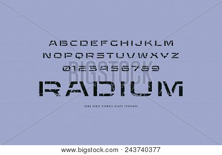 Extended Stencil-plate Sans Serif Font In Military Style. Letters And Numbers With Rough Texture For