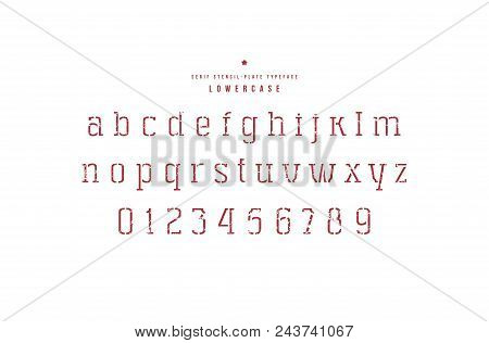 Stencil-plate Serif Font. Thin Line Face. Lowercase Letters And Numbers With Rough Texture For Logo 