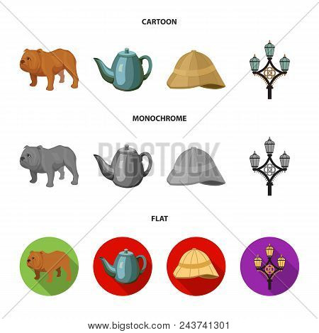 Breed Dog, Teapot, Brewer .england Country Set Collection Icons In Cartoon, Flat, Monochrome Style V