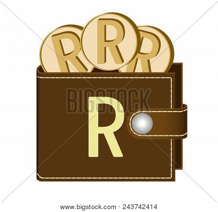 Brown  Wallet With Rand Coins On A White Background , Currency In The Wallet,sign And Symbol Currenc
