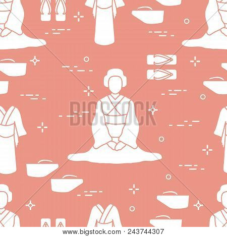 Seamless Pattern With Asian Woman, Traditional Japanese Clothing, Shoes. Travel And Leisure.