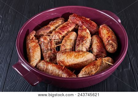 Fried Braciole - Pounded Beef Steaks Rolls Layered With Prosciutto, Grated Parmesan Cheese And Finel
