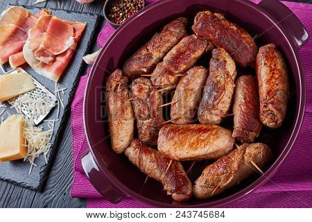 Fried Italian Braciole - Beef Steaks Rolls Stuffed With Prosciutto, Grated Parmesan Cheese And Parsl