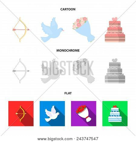 Arrow Cupid, Dove, Bouquet Of Flowers, Wedding Cake. Wedding Set Collection Icons In Cartoon, Flat, 