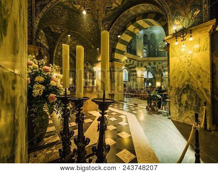 Aachen, Germany - May 31, 2018: Interior Carolingian Octagon (palatine Chapel) In Aachen Cathedral, 