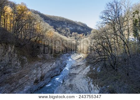 Landscape Mountain River Autumn Trees On The River Bank