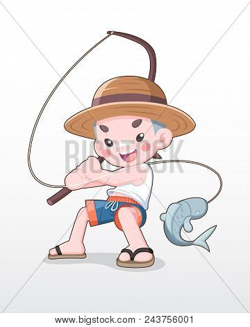 Cute Style Japanese Boy With A Wood Fishing Rod Illustration