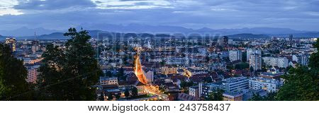 Ljubljana, Slovenia - May 20, 2018: Evening View On Ljubljana Old Town And City Center From Ljubljan