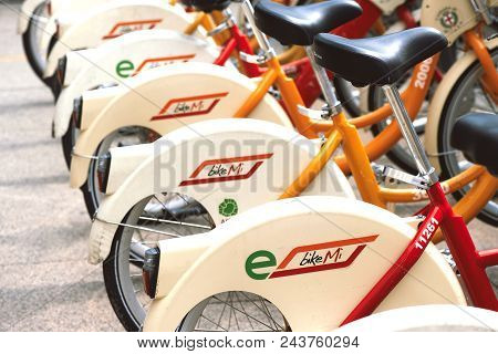 Bike Sharing In Milan. Bicycles Are Available For The Public Transport Ticket
