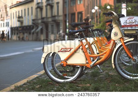 Bike Sharing In Milan. Bicycles Are Available For The Public Transport Ticket