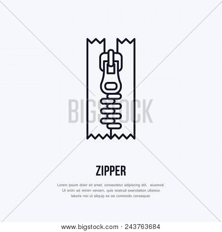 Zipper Flat Line Icon. Zip Fastener Sign. Thin Linear Logo For Sewing Store.