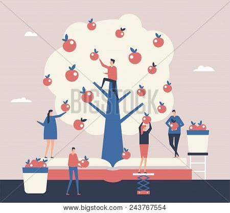 Reaping The Harvest - Flat Design Style Illustration. A Composition With Cute Characters, Office Wor
