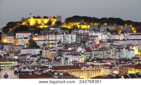 Closeup Of Castle Of Saint George Over The Hill And Downtown At Dusk, Lisbon