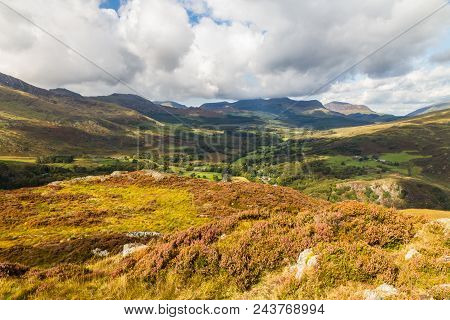 View From Summit Of Mountain Mynydd Sygyn, Snowdonia National Park, North Wales, United Kingdom. Vie