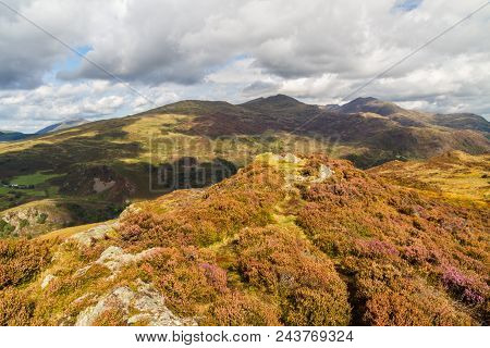 View From Summit Of Mountain Mynydd Sygyn, Snowdonia National Park, North Wales, United Kingdom. Vie