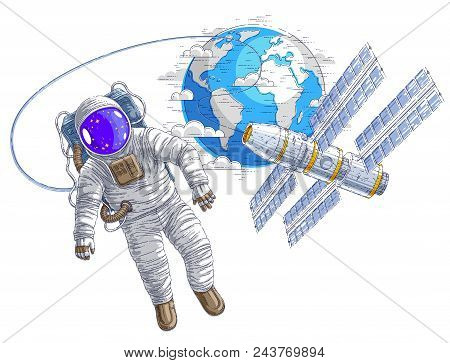 Astronaut Flying In Open Space Connected To Space Station And Earth Planet In Background, Spaceman I