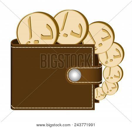 Brown  Wallet With Dirham Coins On A White Background , Currency In The Wallet,sign And Symbol Curre