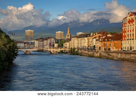 Grenoble. Cityscape Image Of Grenoble, France During Sunset.