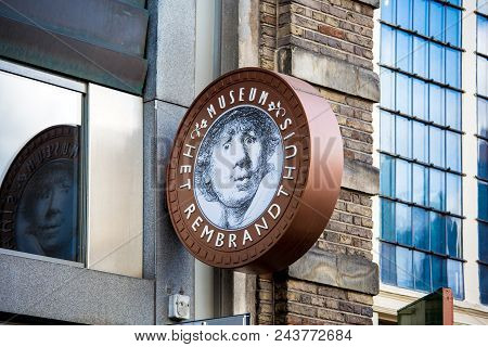 Amsterdam, Netherlands - April, 2018: Rembrandt Museum Logo Sign In Amsterdam City, Netherlands