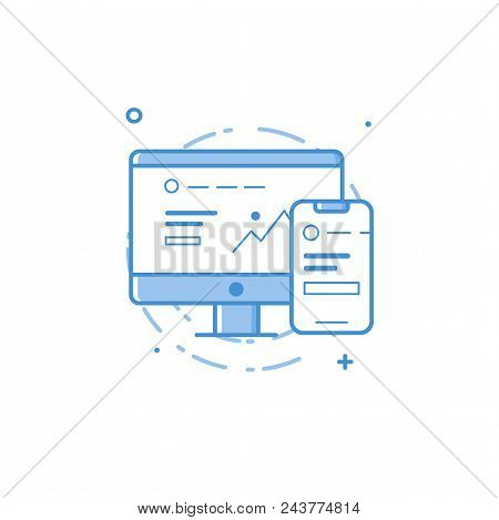 Vector Business Illustration Of Blue Colors Desktop Computer And Mobile Smart Phone In Filed Line St