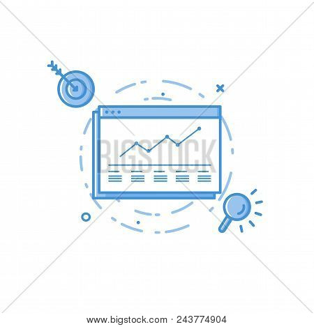 Vector Business Illustration Of Blue Colors Web Page Statistics, Analytics Search With Target And Ar