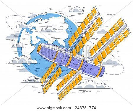Space Station Flying Orbital Flight Around Earth, Spacecraft Spaceship Iss With Solar Panels, Artifi