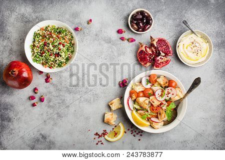 Middle Eastern/arabic Dishes And Meze, Concrete Rustic Background. Space For Text. Fattoush Bread Sa