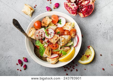 Middle Eastern/arabic Dishes And Meze, Concrete Rustic Background. Fattoush Bread Salad, Tabbouleh,