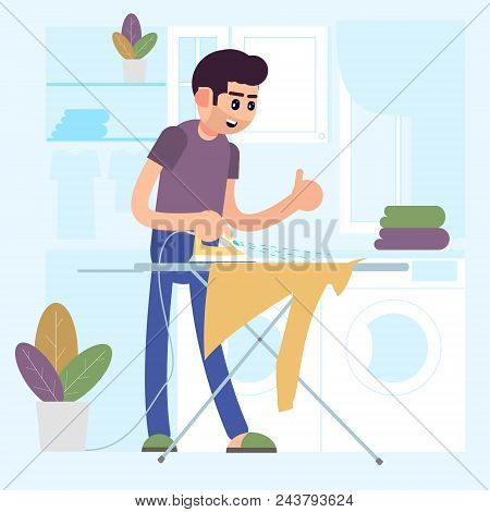 Young Smiling Man Ironing Clothes On Ironing Board, House Husband Working At Home. Laundry. Vector I