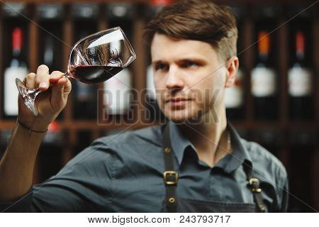Bokal Of Red Wine On Background Of Male Sommelier Appreciating Color, Quality, Flavor And Sediments 