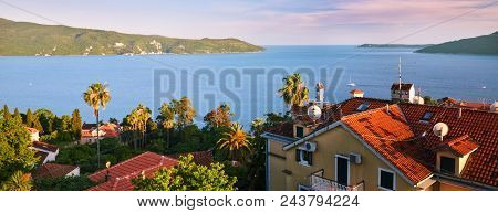 Sea View Of City Herzeg Novi With Fortress Kanli Kula. Montenegro. Below Tile Roofs Of Beautiful Aut